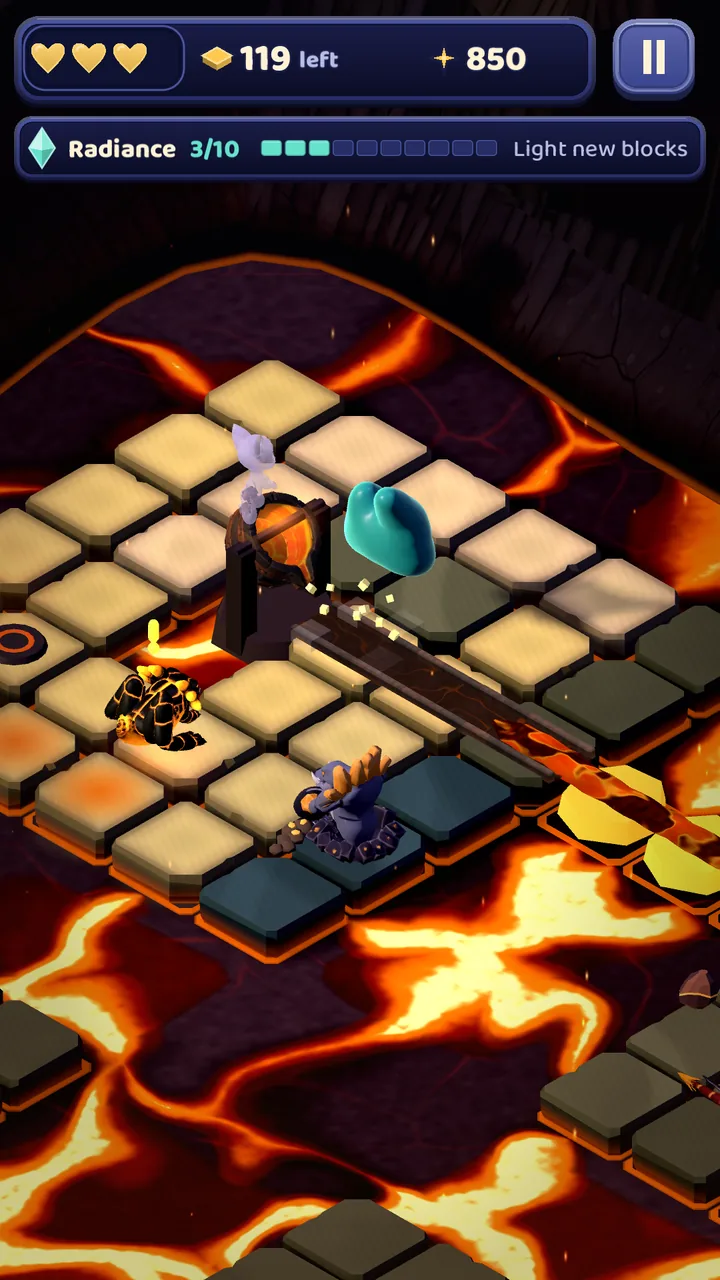 Teal Glim on a lit path across the lava field by the forge gate in The Magma Wells, with a Shardroller and a Salamander close by