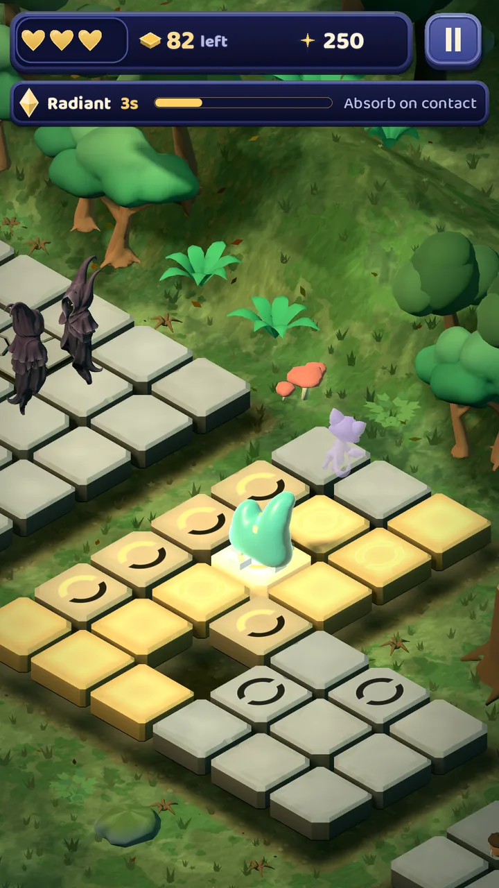 Teal Glim on the illuminated tile trail in Heartwood Gauntlet, with the spirit Aster beside it, shown in the game's portrait view