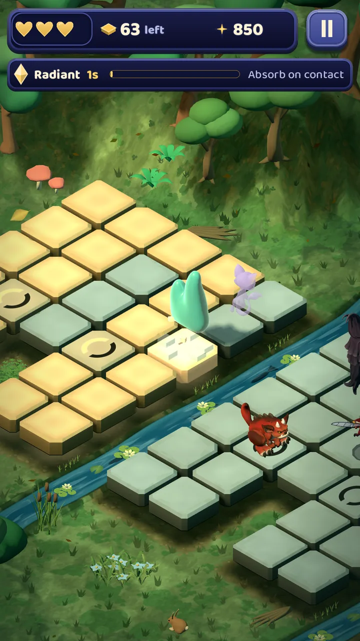 Teal Glim on a lit tile trail beside a forest stream in Prowling Hollow, with Aster close by and a Stomper Imp by the water