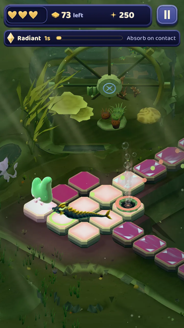 Teal Glim on the reef tiles of Tidewheel Garden beside a bubble vent and an eel, under the tidewheel