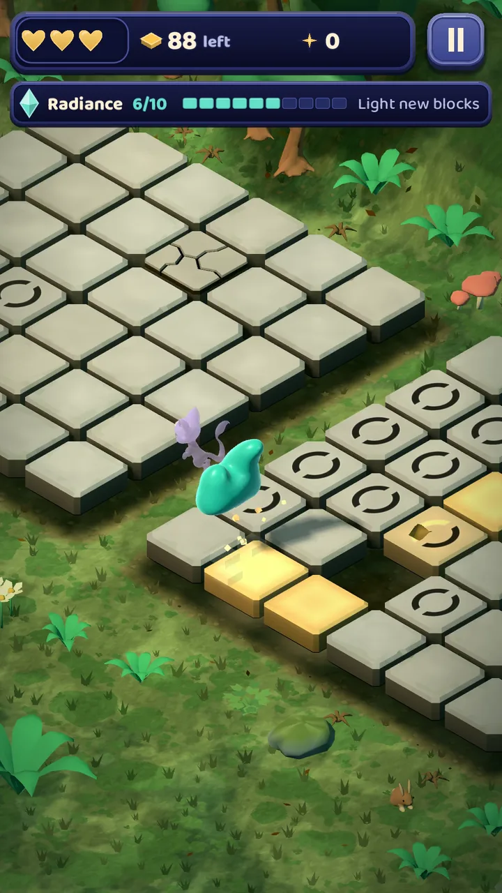 Glimmerhop gameplay: teal Glim hopping across and illuminating the tile board
